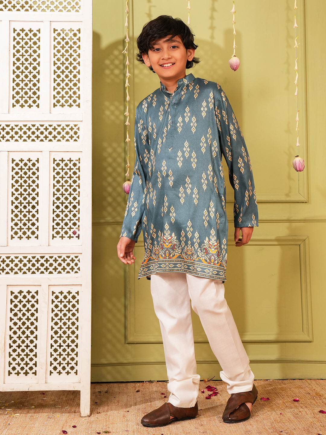 Teal Trendy Printed Chikankari Kurta and Pyjama For Boys
