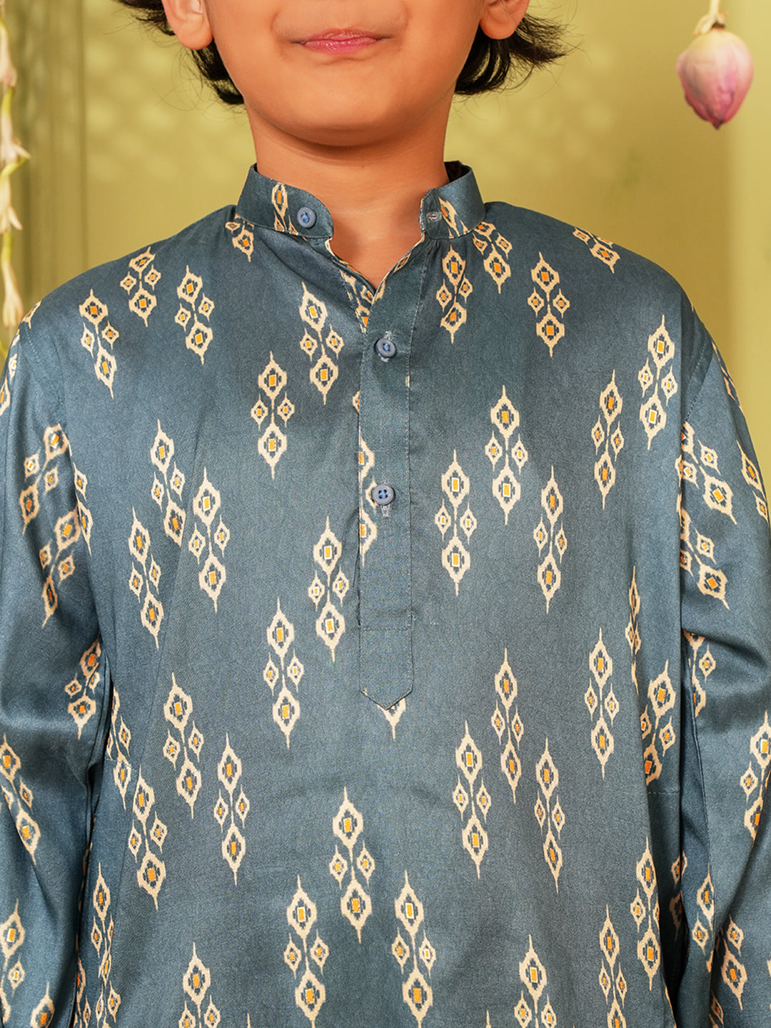 Teal Trendy Printed Chikankari Kurta and Pyjama For Boys