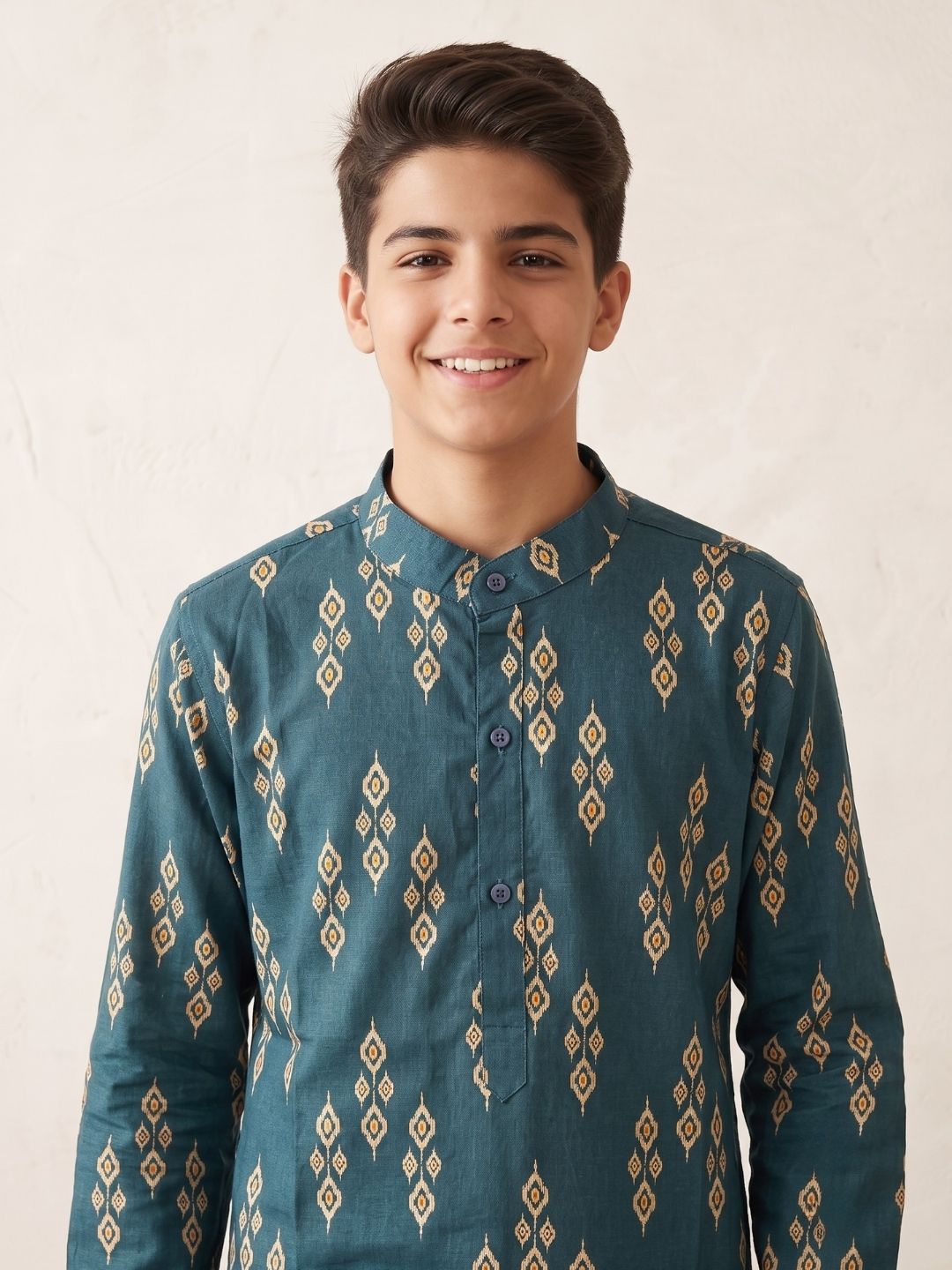 Teal Trendy Printed Chikankari Kurta and Pyjama For Boys