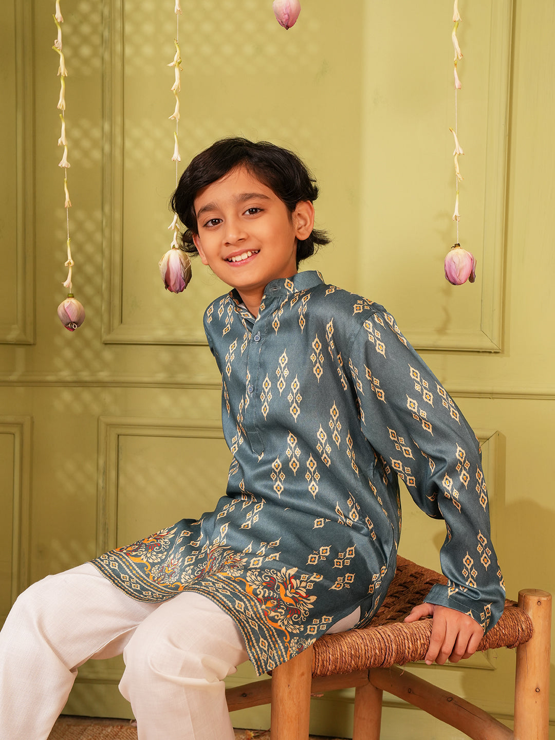 Teal Trendy Printed Chikankari Kurta and Pyjama For Boys