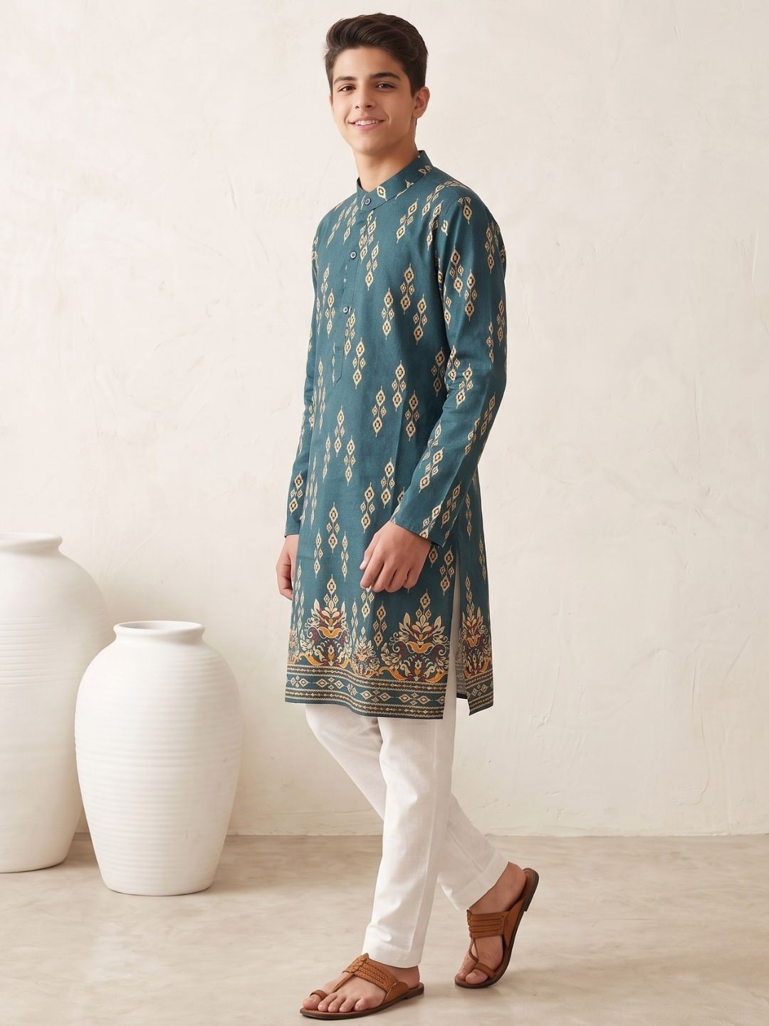 Teal Trendy Printed Chikankari Kurta and Pyjama For Boys