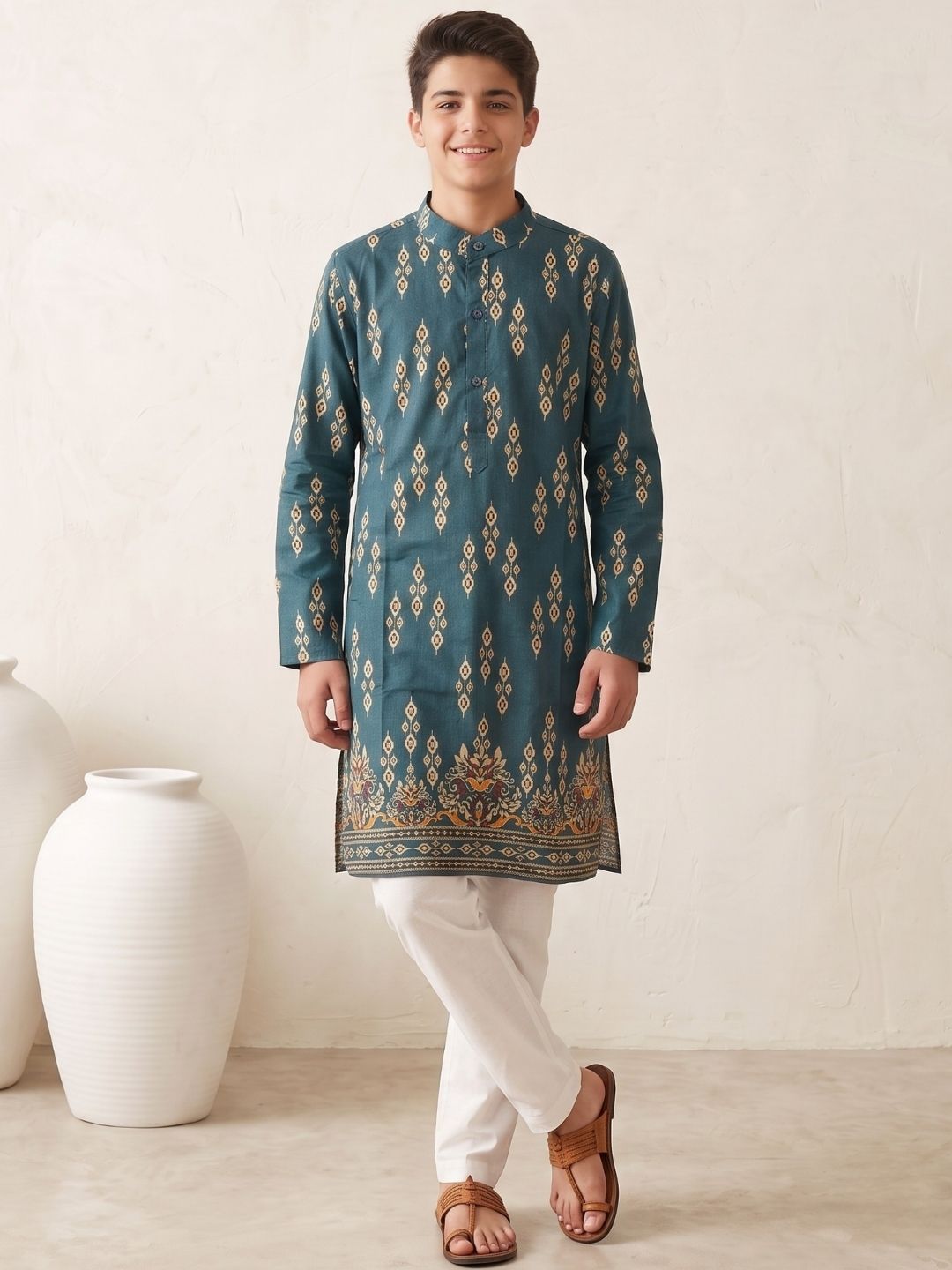 Teal Trendy Printed Chikankari Kurta and Pyjama For Boys