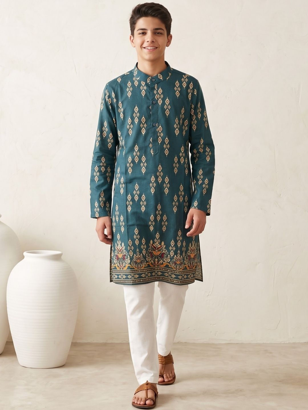 Teal Trendy Printed Chikankari Kurta and Pyjama For Boys
