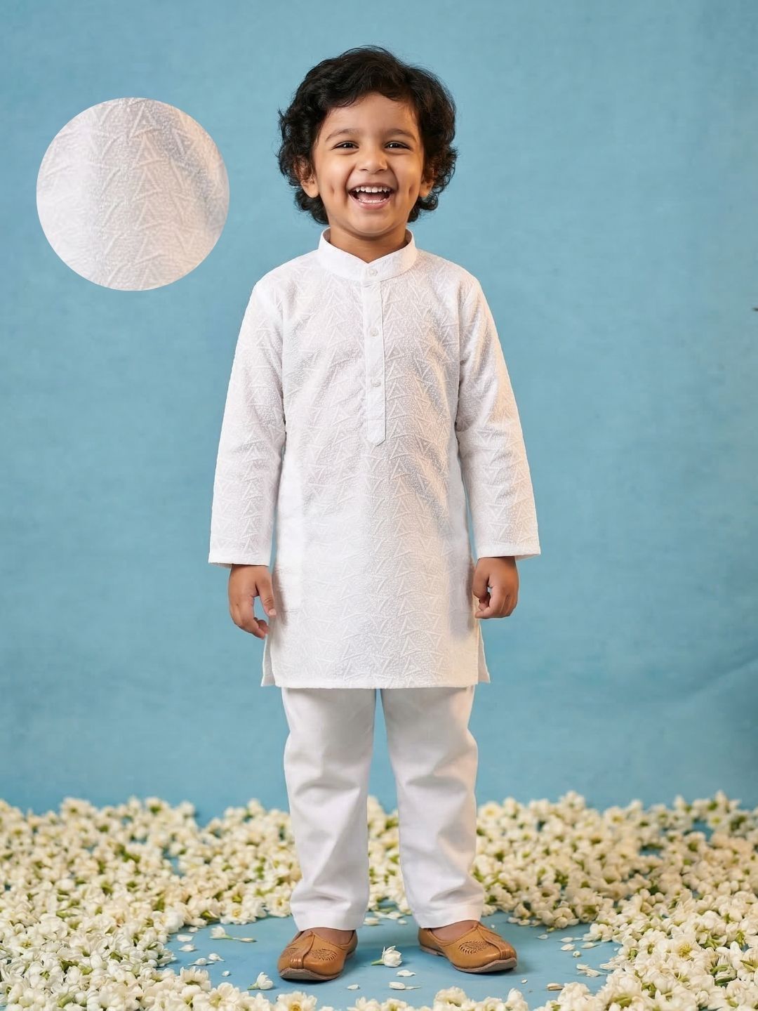 White Chikankari Full Sleeve Cotton Kurta & Pyjama Set For Kids Boys