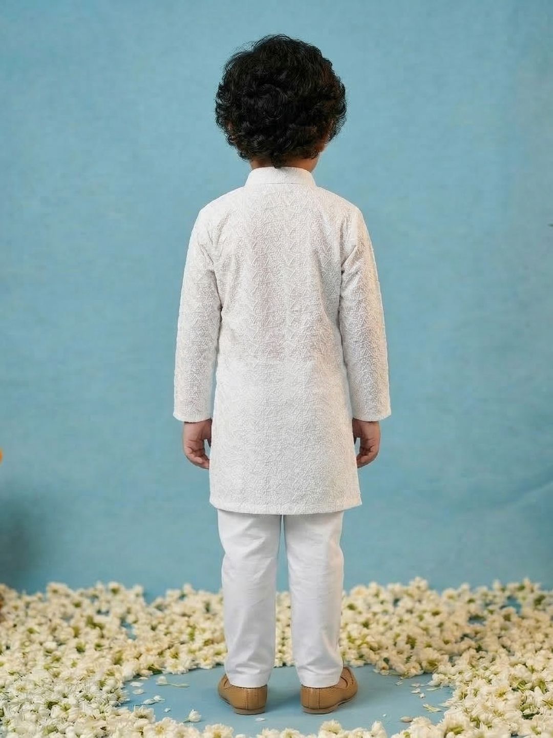 White Chikankari Full Sleeve Cotton Kurta & Pyjama Set For Kids Boys