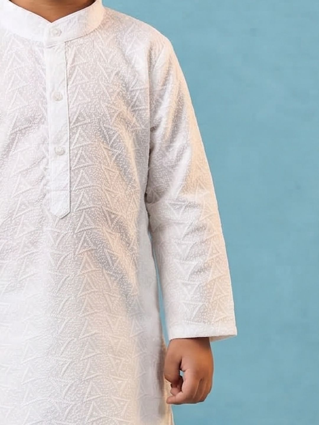 White Chikankari Full Sleeve Cotton Kurta & Pyjama Set For Kids Boys