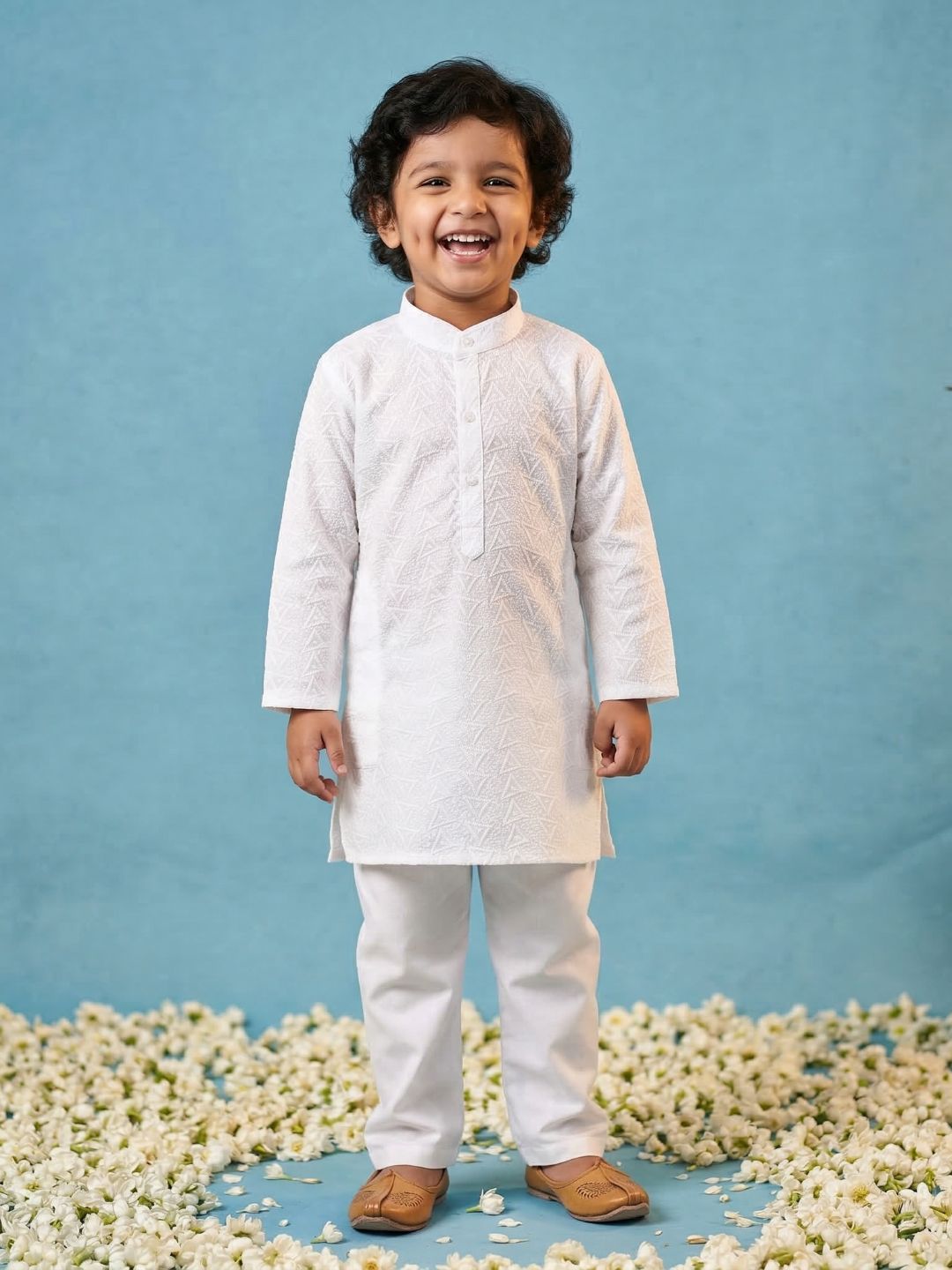 White Chikankari Full Sleeve Cotton Kurta & Pyjama Set For Kids Boys