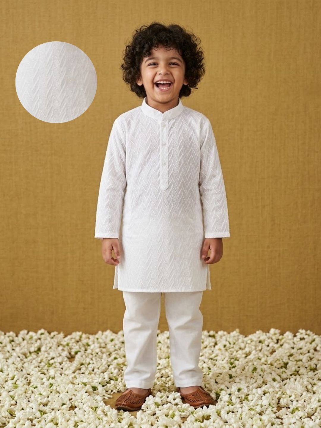 White Chikankari Full Sleeve Cotton Kurta & Pyjama Set For Kids Boys