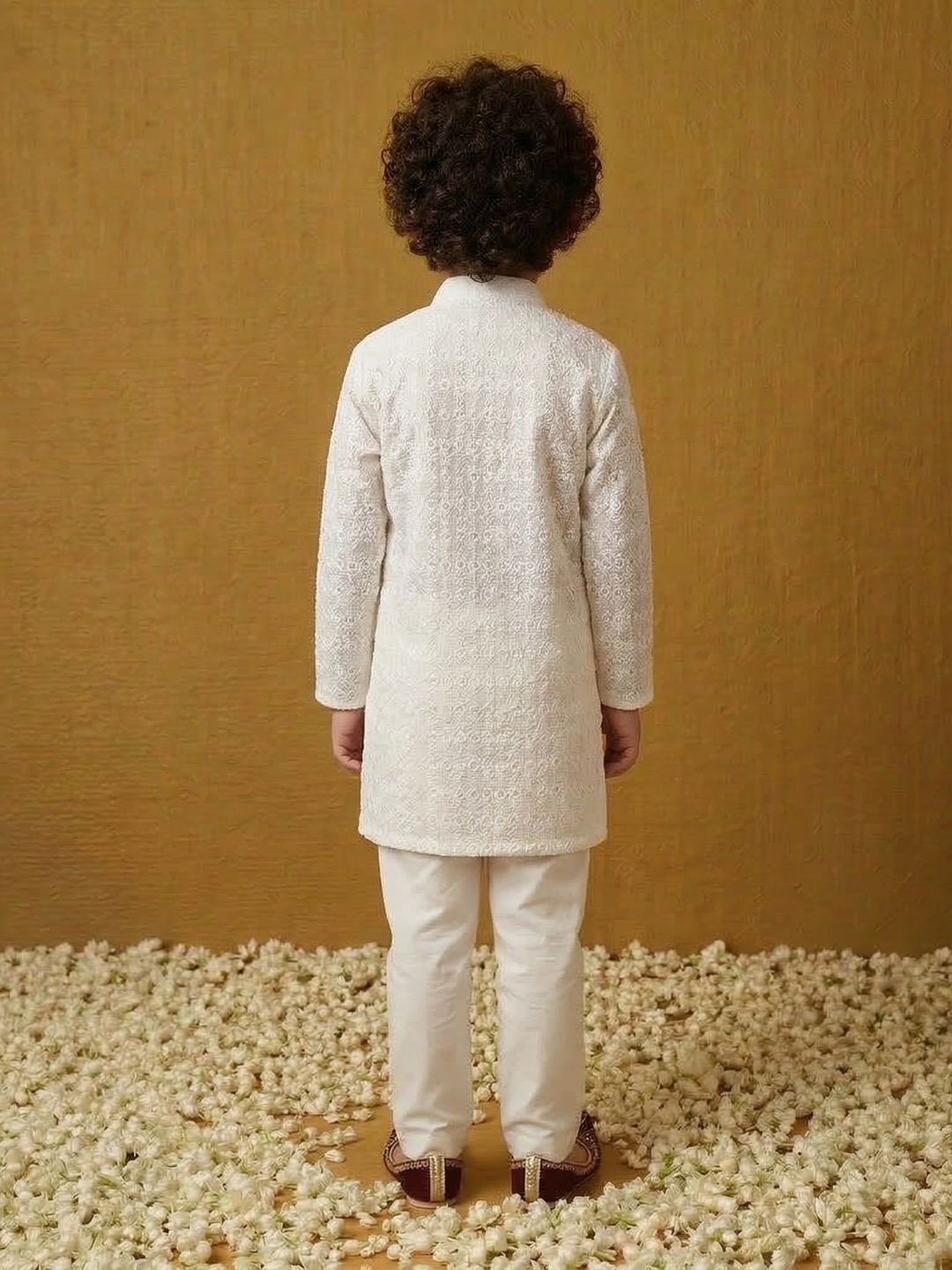 White Chikankari Full Sleeve Cotton Kurta & Pyjama Set For Kids Boys