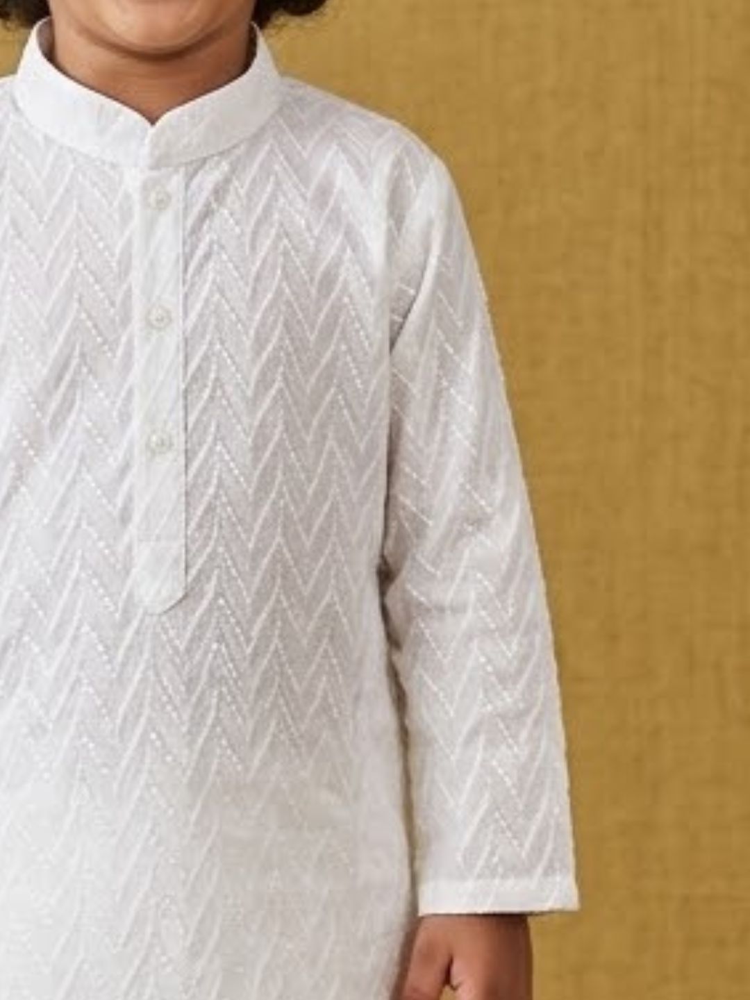 White Chikankari Full Sleeve Cotton Kurta & Pyjama Set For Kids Boys