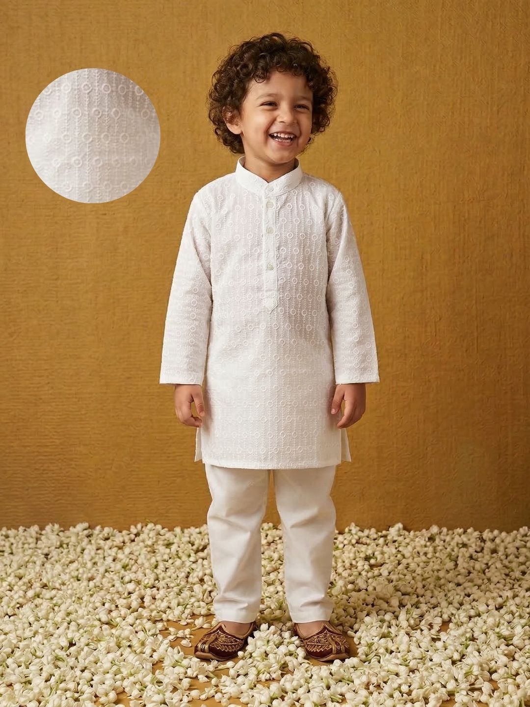 White Chikankari Cotton Ethnic Wear Kurta & Pyjama Set For Kids Boys