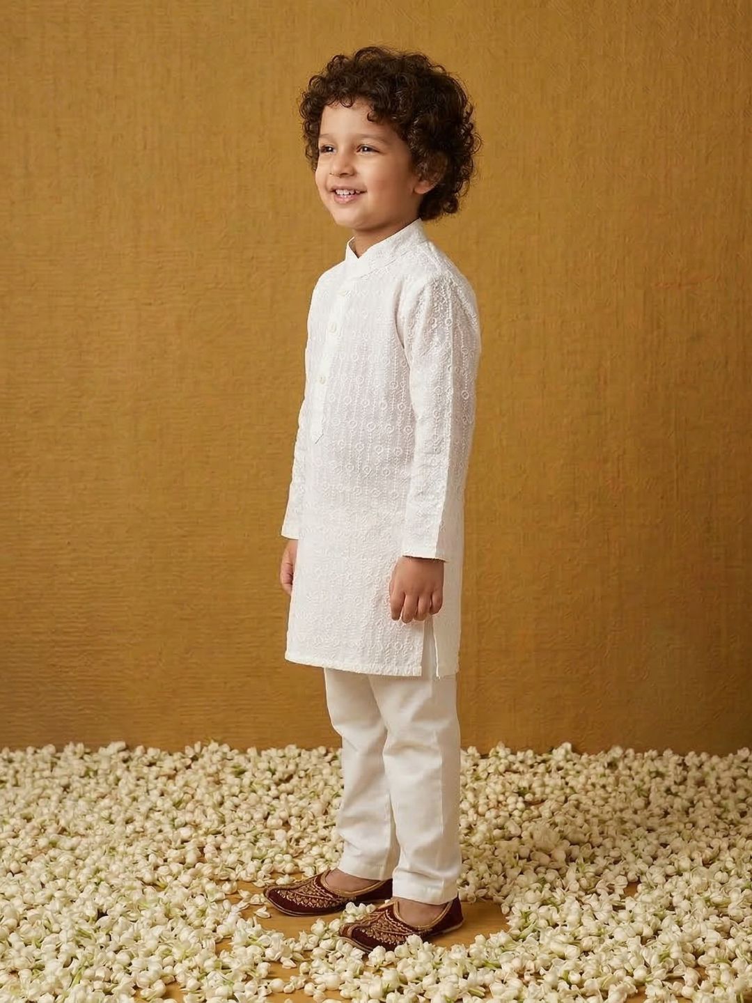 White Chikankari Cotton Ethnic Wear Kurta & Pyjama Set For Kids Boys