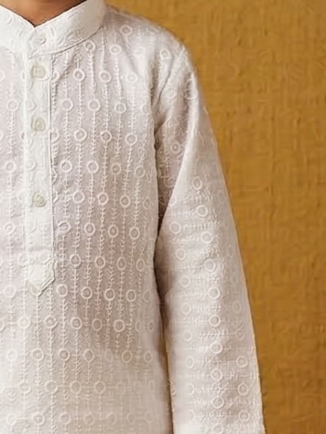 White Chikankari Cotton Ethnic Wear Kurta & Pyjama Set For Kids Boys