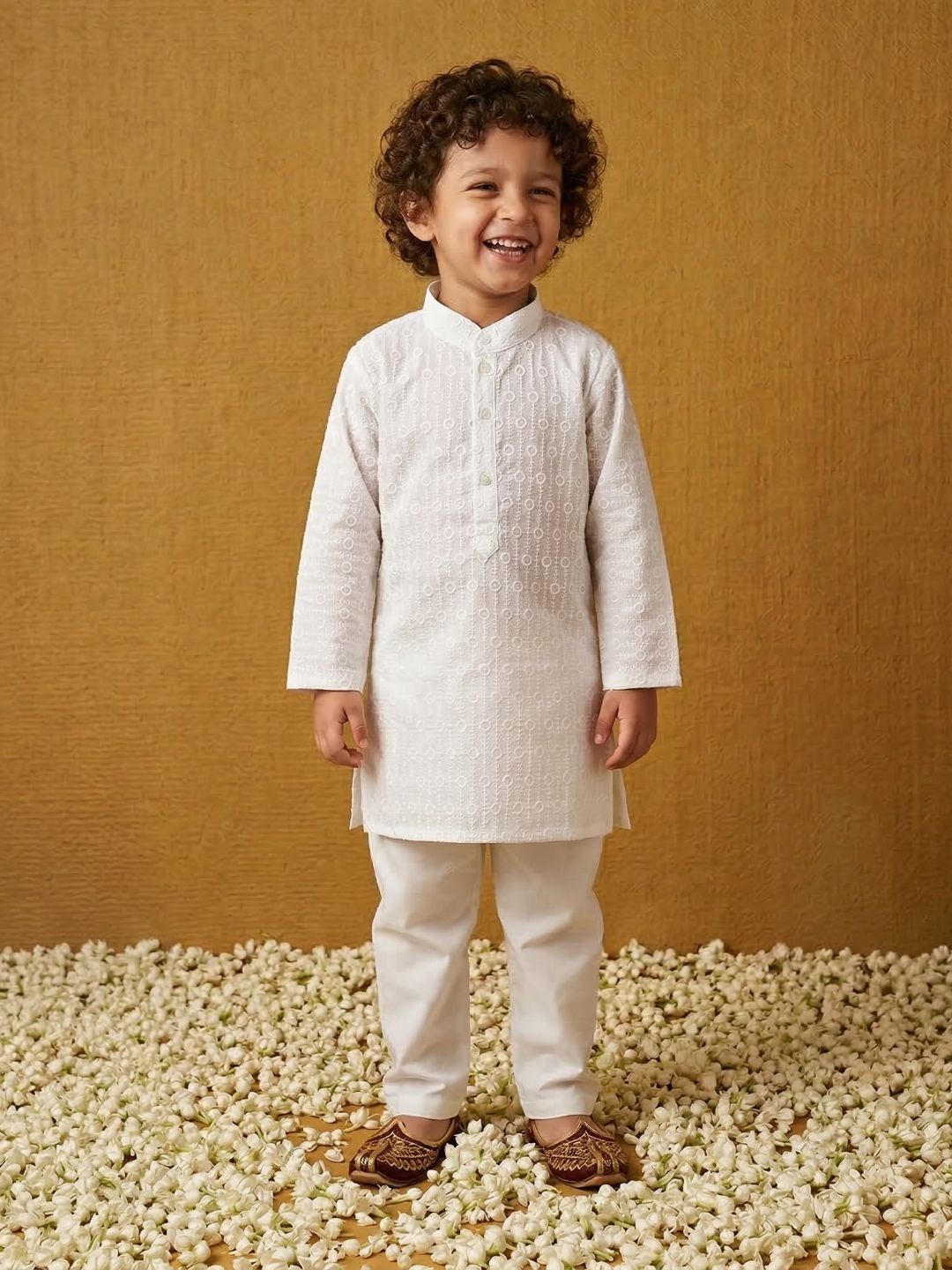 White Chikankari Cotton Ethnic Wear Kurta & Pyjama Set For Kids Boys