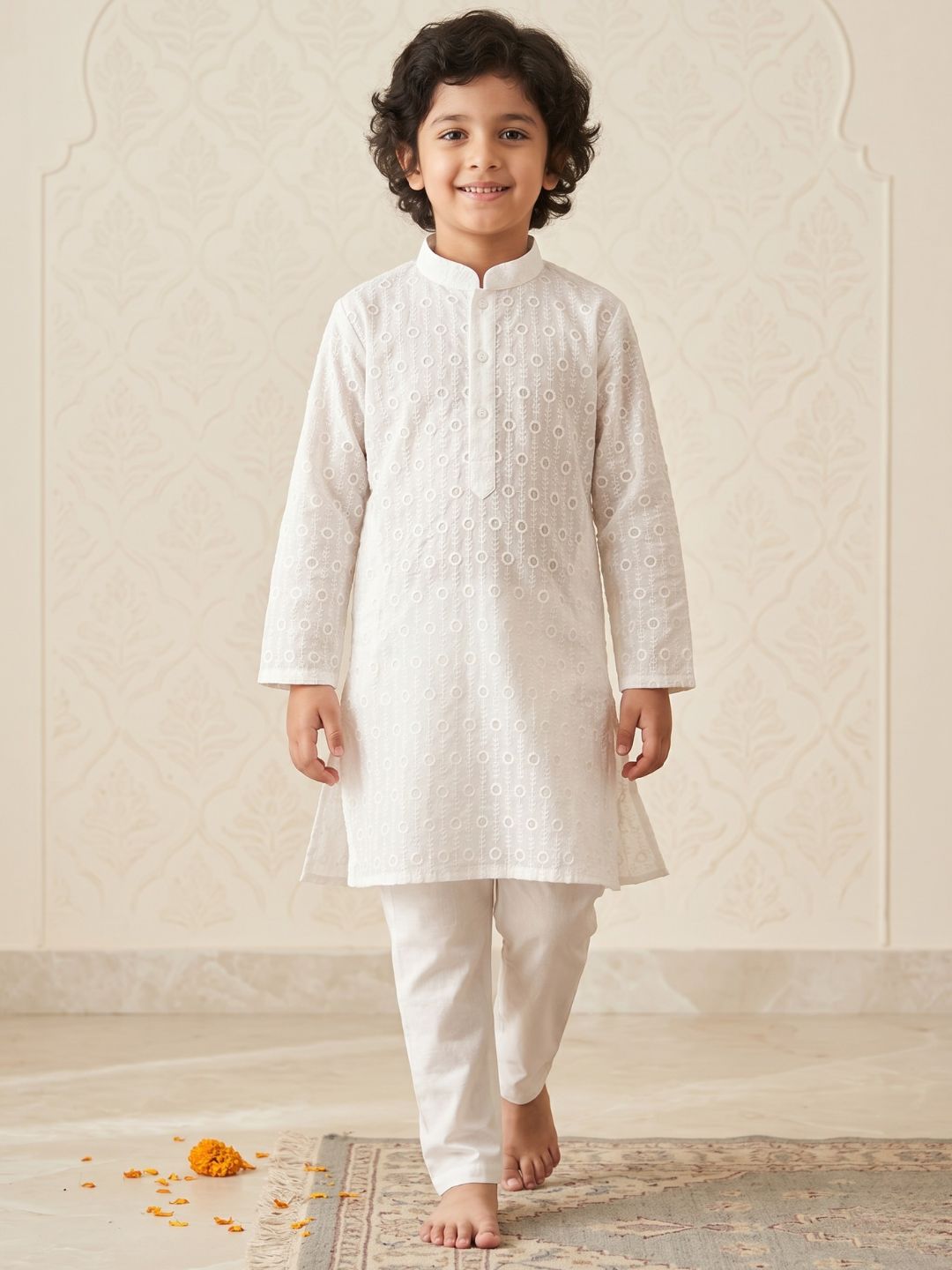 White Chikankari Cotton Ethnic Wear Kurta & Pyjama Set For Kids Boys