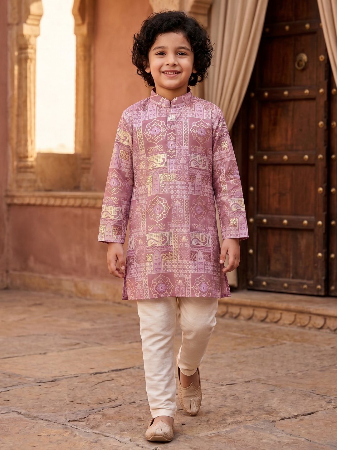 Pink Ethnic Foil Print Silk Blend Kurta and Pyjama For Boys