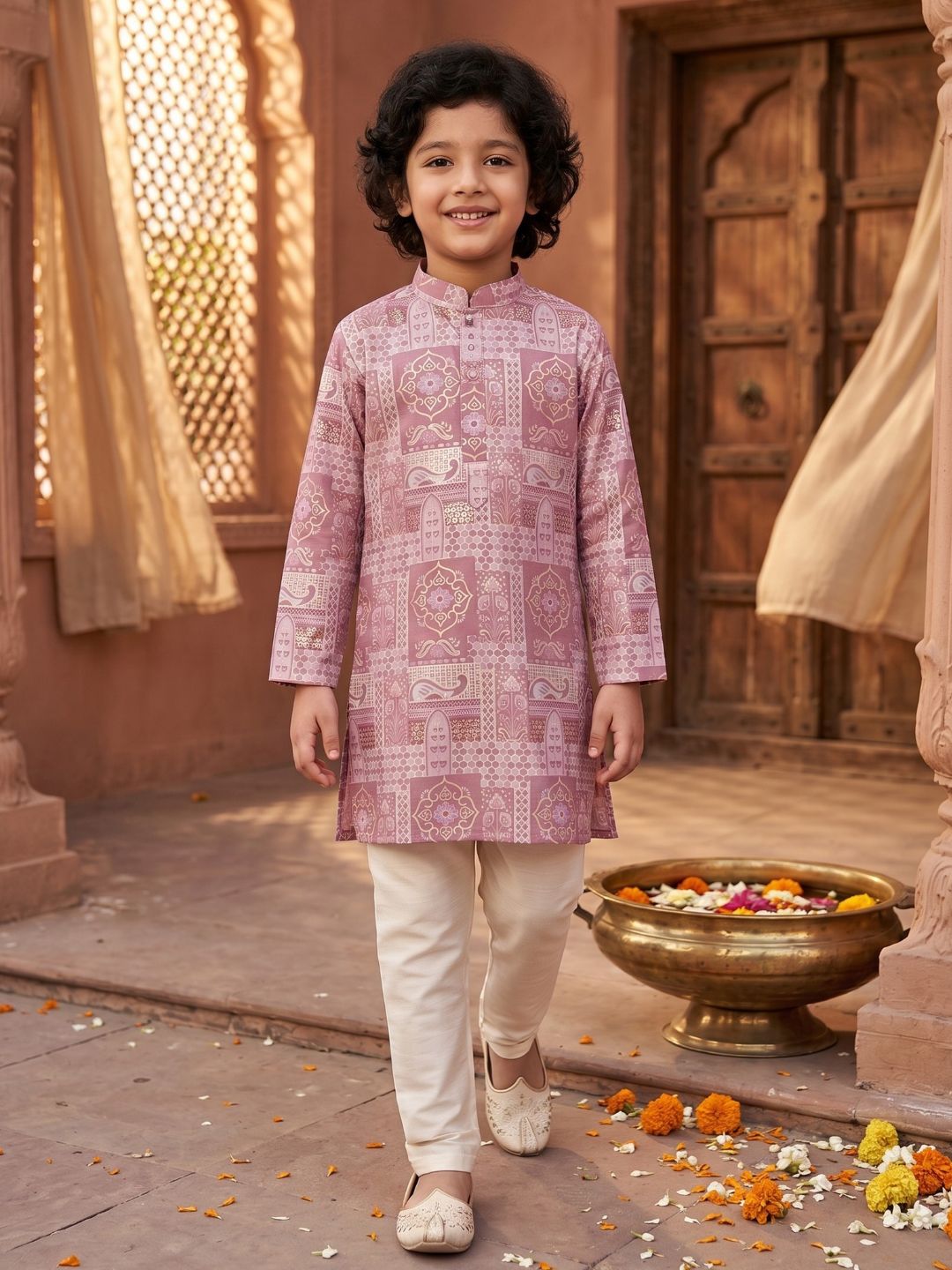 Pink Ethnic Foil Print Silk Blend Kurta and Pyjama For Boys