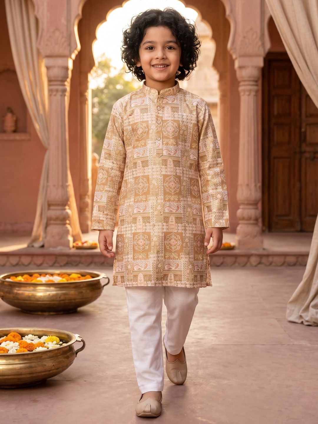 Yellow Ethnic Foil Print Silk Blend Kurta and Pyjama For Boys