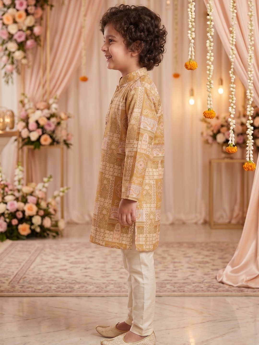 Yellow Ethnic Foil Print Silk Blend Kurta and Pyjama For Boys