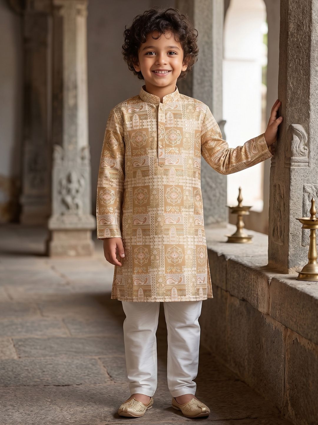 Yellow Ethnic Foil Print Silk Blend Kurta and Pyjama For Boys