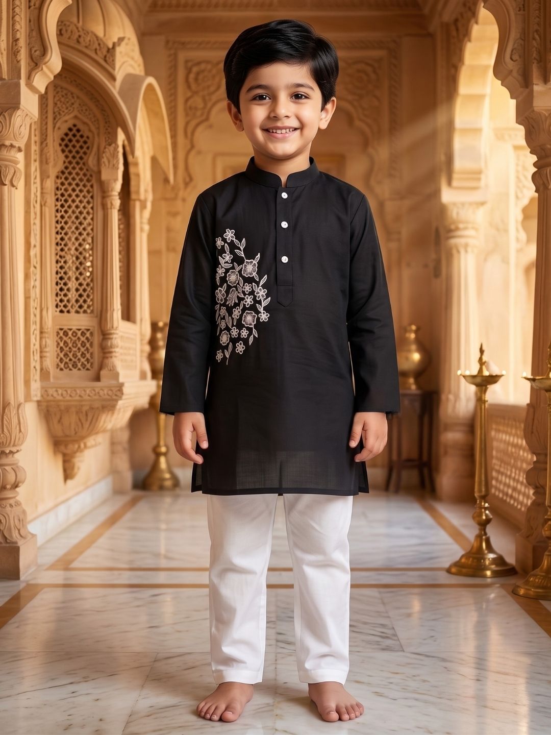 AJ Dezines Black Embroidery Pure Cotton Kurta Pyjama Set For Boys