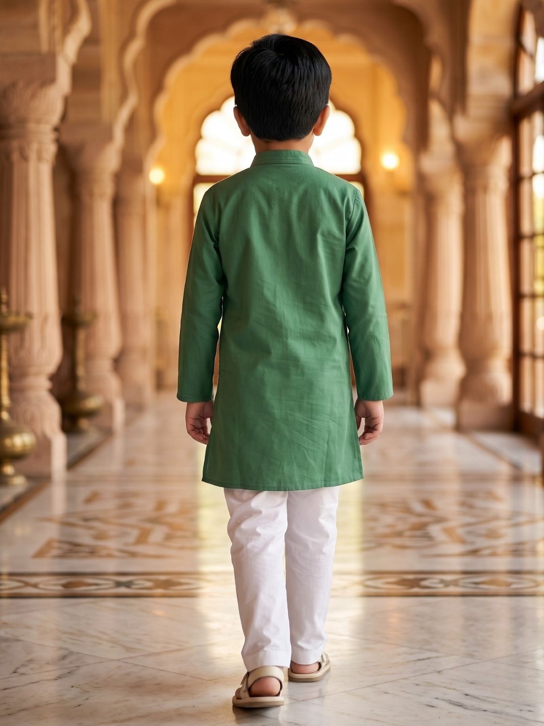 AJ Dezines Green Embroidery Pure Cotton Kurta Pyjama Set For Boys