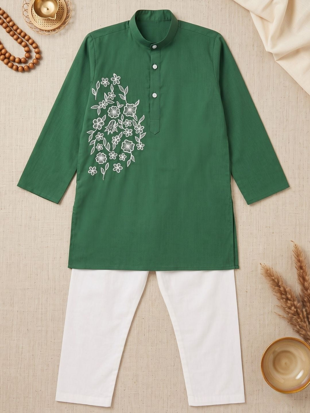 AJ Dezines Green Embroidery Pure Cotton Kurta Pyjama Set For Boys