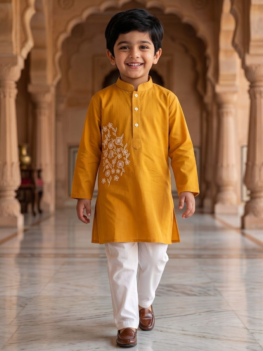 AJ Dezines Mustard Embroidery Pure Cotton Kurta Pyjama Set For Boys