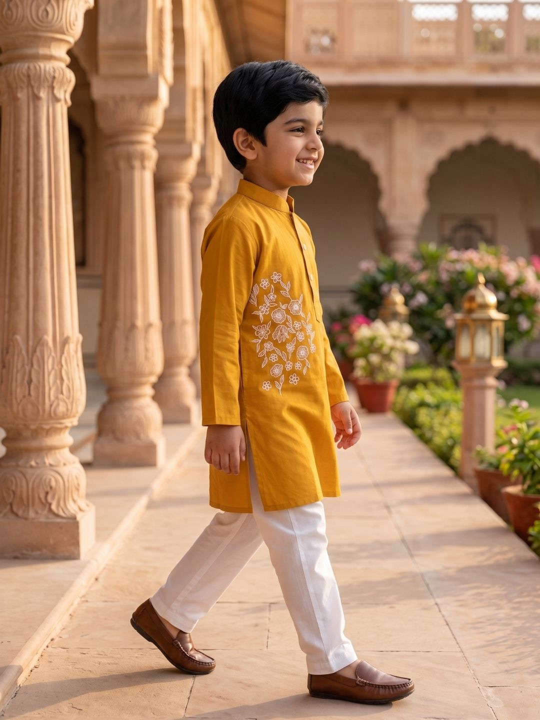 AJ Dezines Mustard Embroidery Pure Cotton Kurta Pyjama Set For Boys