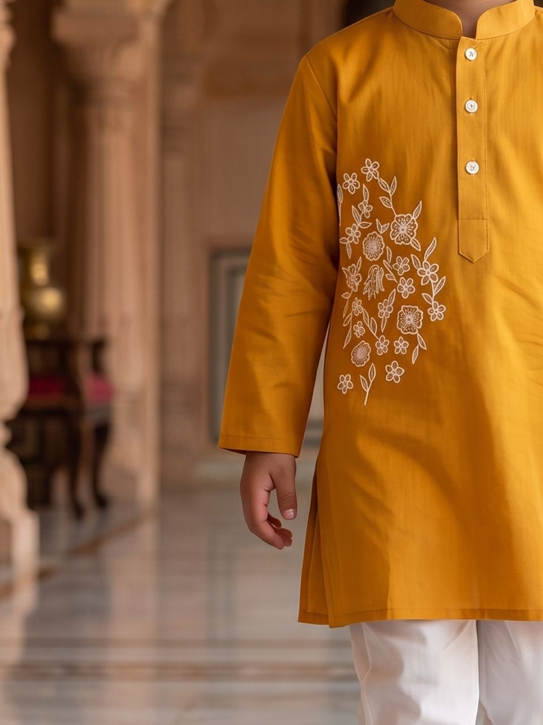 AJ Dezines Mustard Embroidery Pure Cotton Kurta Pyjama Set For Boys