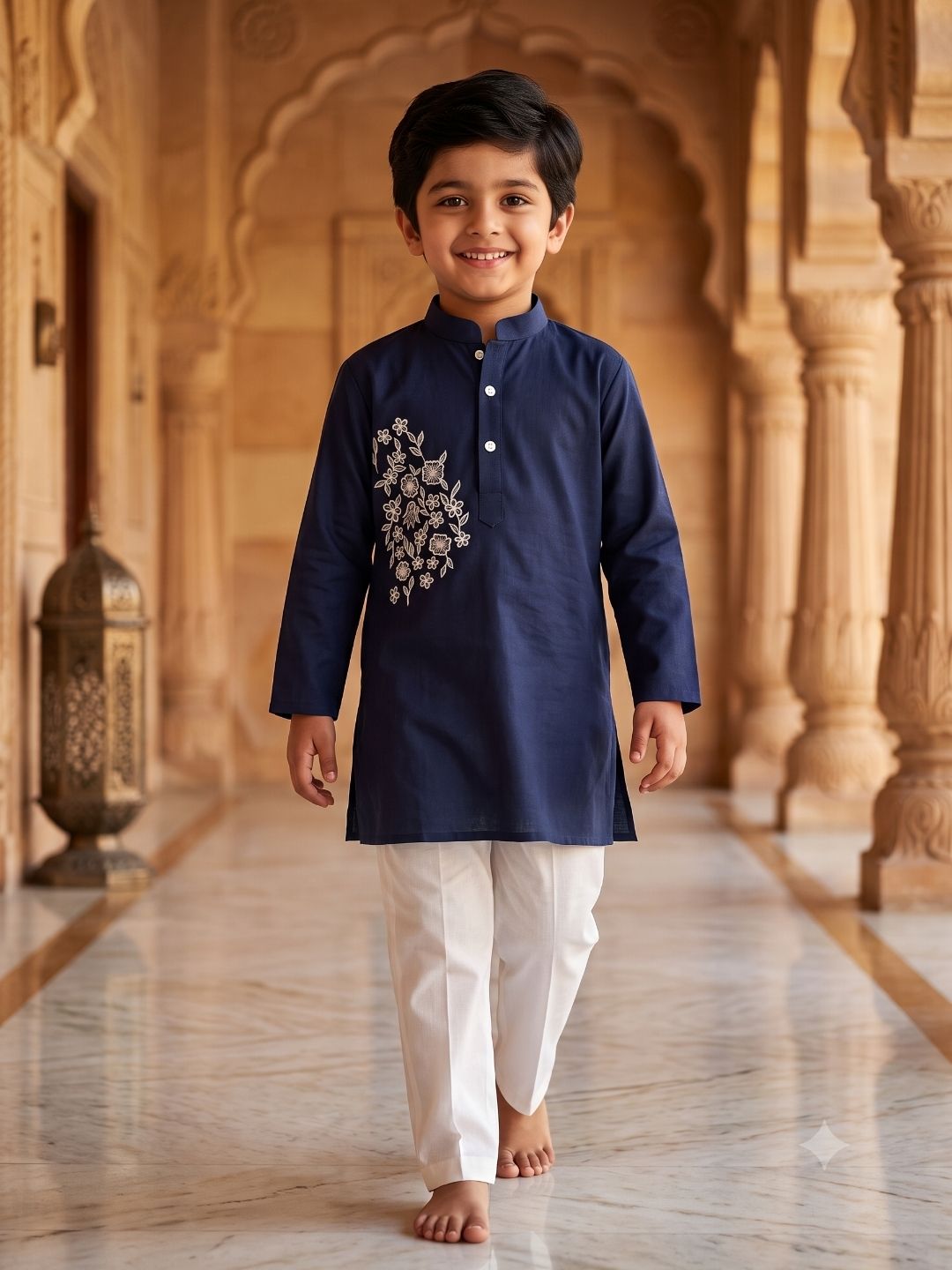 Navy Blue Embroidery Pure Cotton Kurta Pyjama Set For Boys