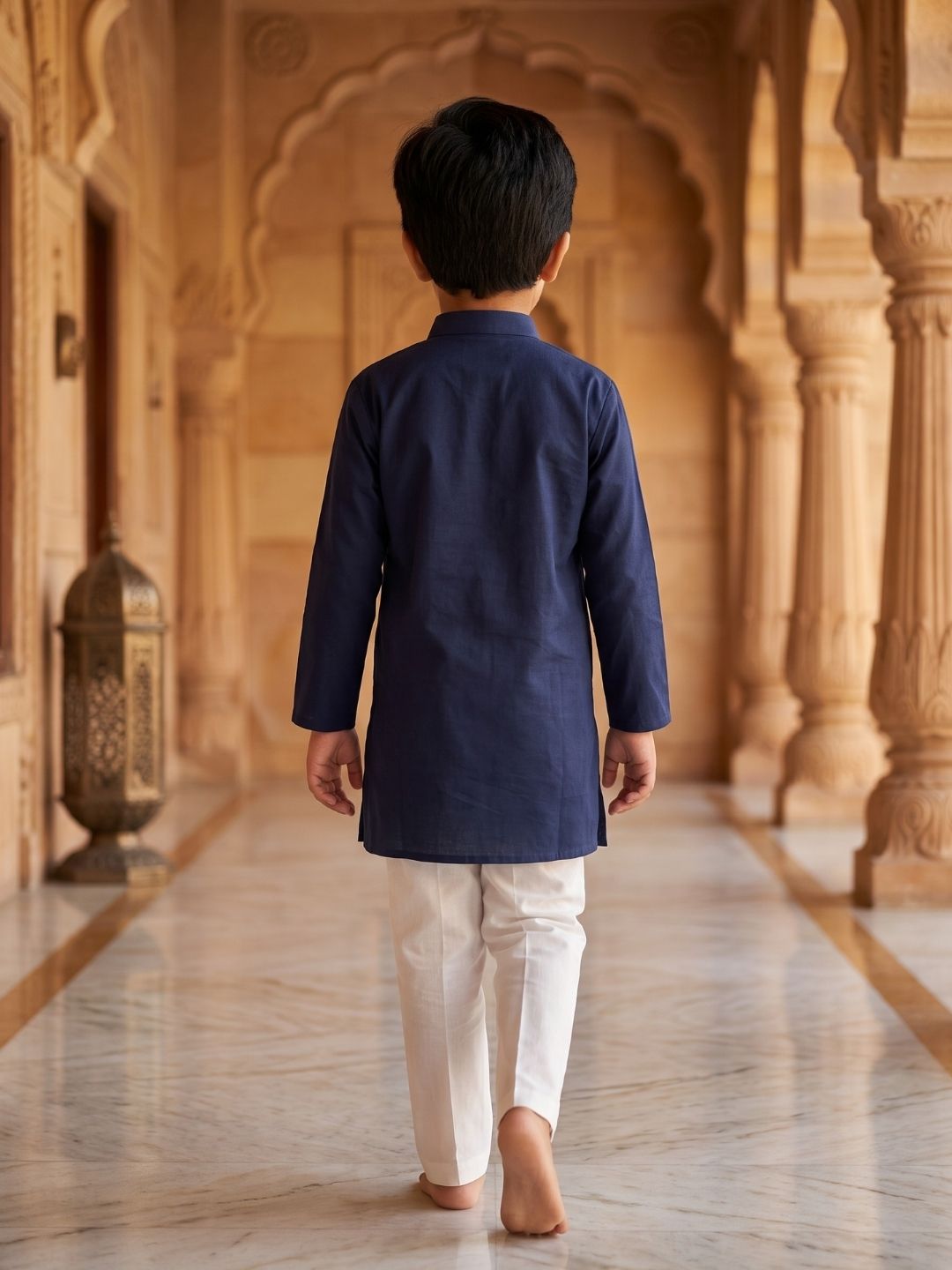 Navy Blue Embroidery Pure Cotton Kurta Pyjama Set For Boys