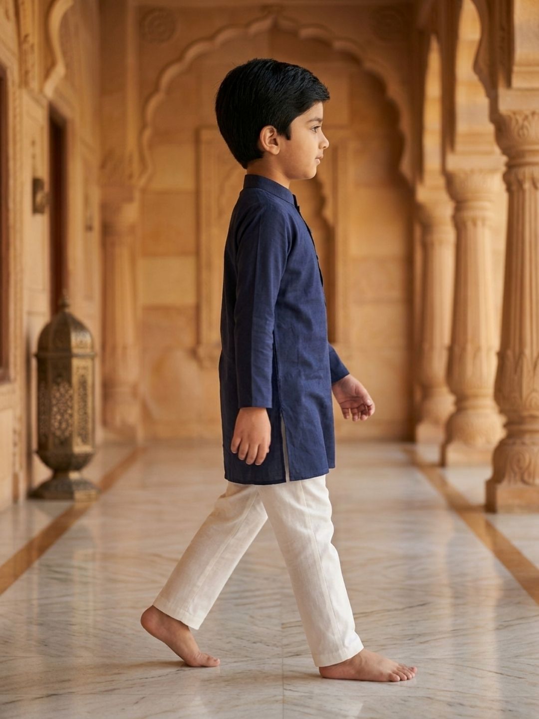 Navy Blue Embroidery Pure Cotton Kurta Pyjama Set For Boys