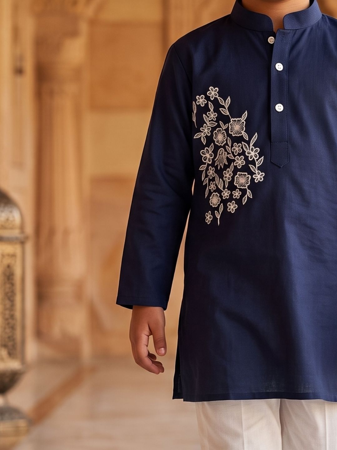 Navy Blue Embroidery Pure Cotton Kurta Pyjama Set For Boys