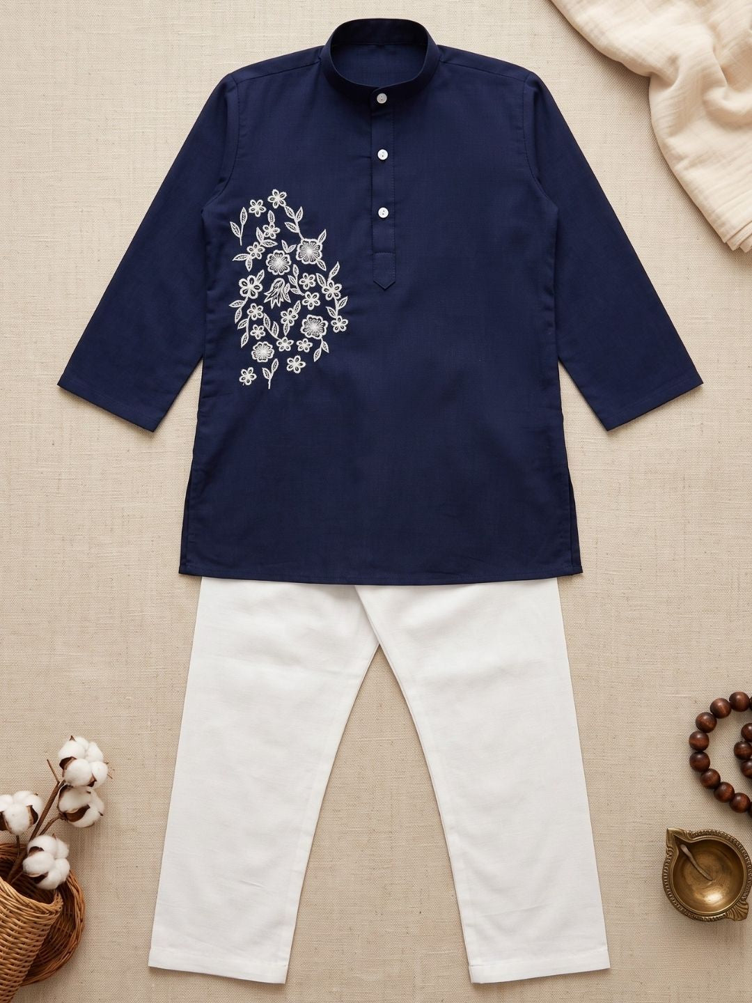 Navy Blue Embroidery Pure Cotton Kurta Pyjama Set For Boys