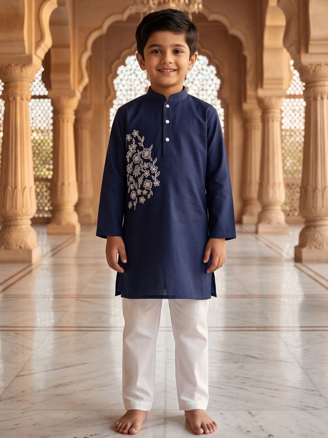 Navy Blue Embroidery Pure Cotton Kurta Pyjama Set For Boys