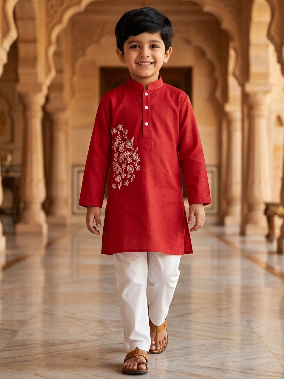 AJ Dezines Red Embroidery Pure Cotton Kurta Pyjama Set For Boys