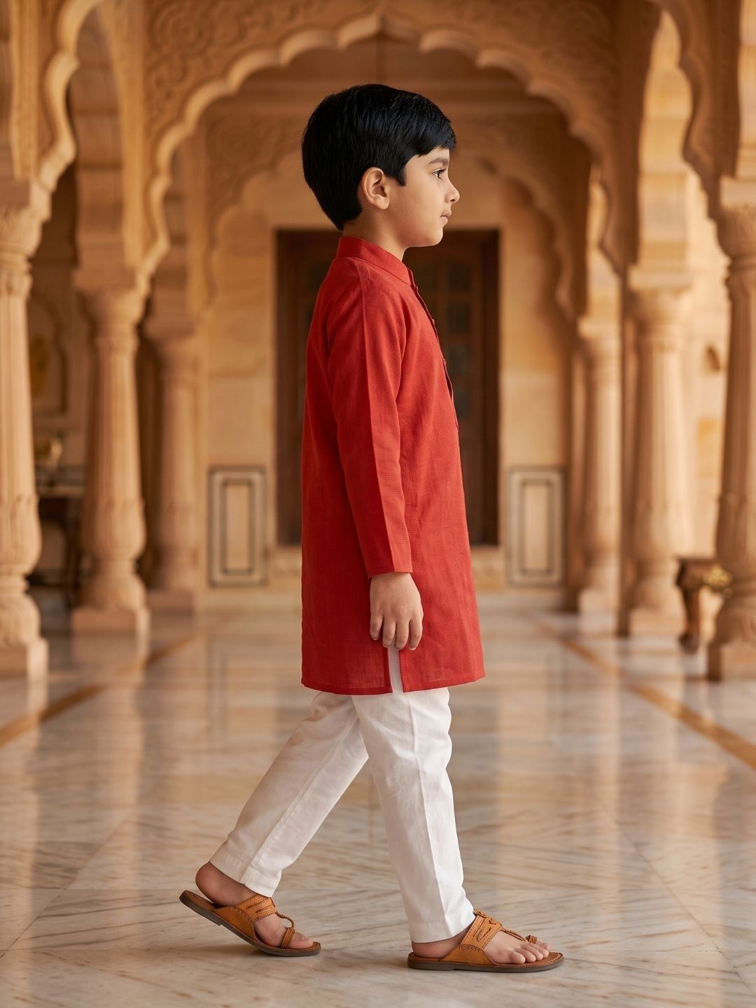 AJ Dezines Red Embroidery Pure Cotton Kurta Pyjama Set For Boys