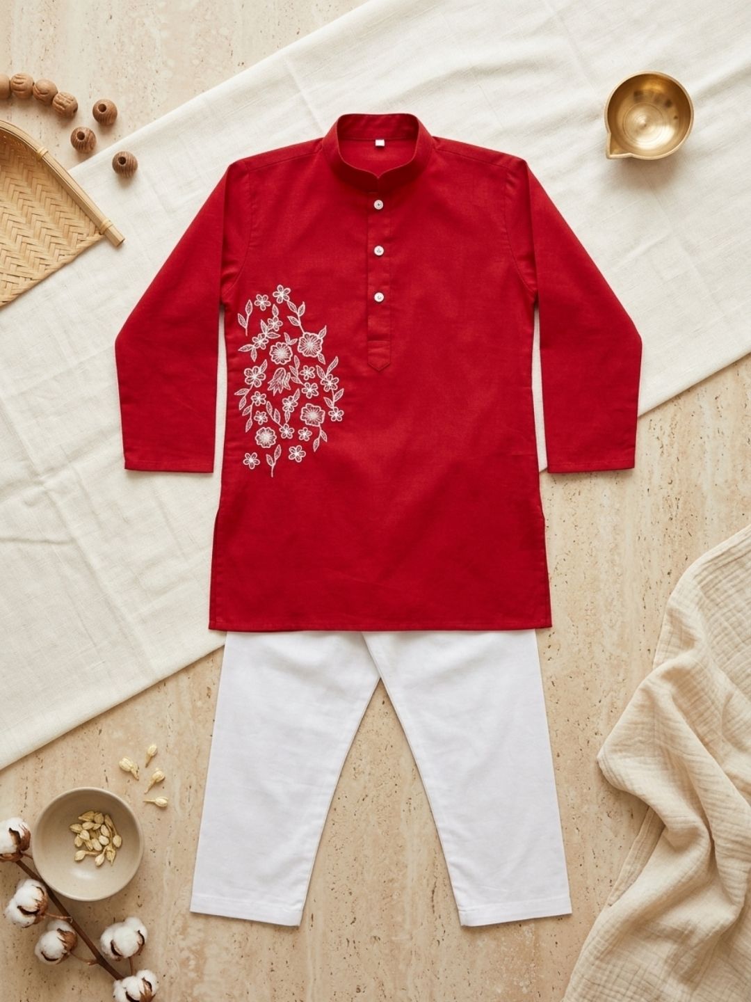 AJ Dezines Red Embroidery Pure Cotton Kurta Pyjama Set For Boys