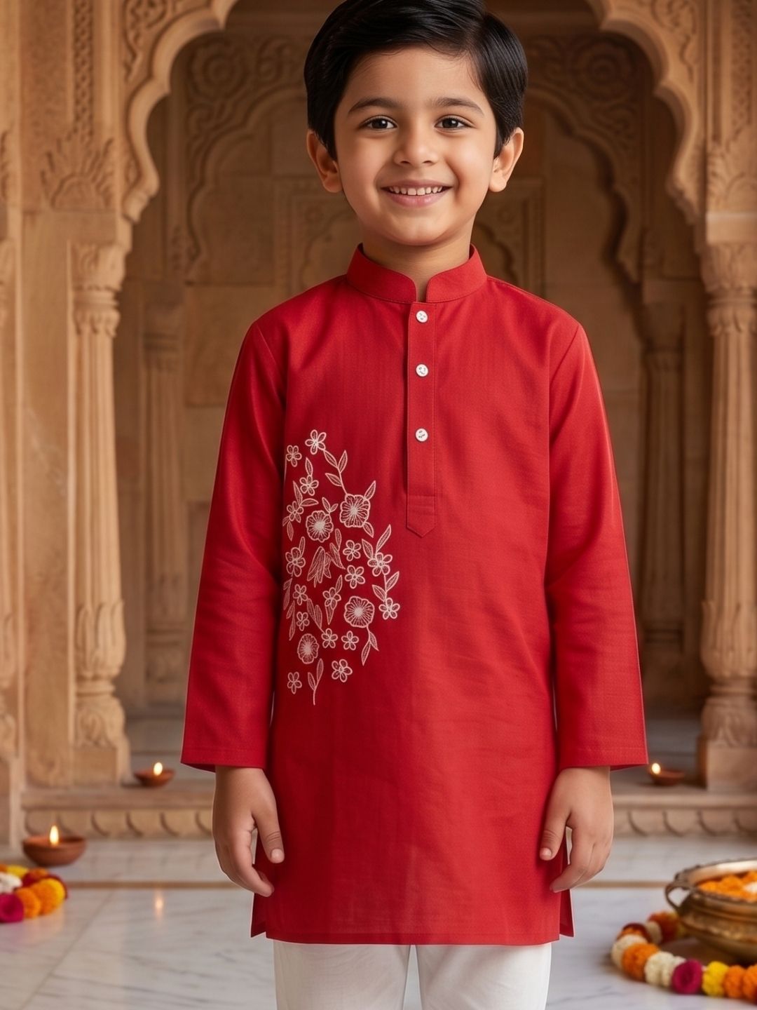 AJ Dezines Red Embroidery Pure Cotton Kurta Pyjama Set For Boys