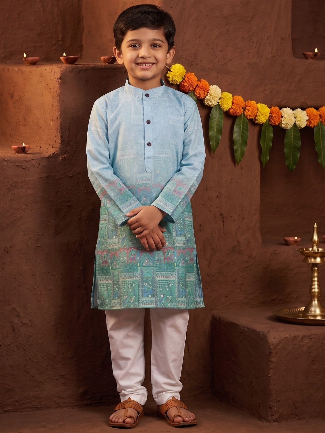 AJ Dezines Blue Ethnic Print Cotton Blend Kurta Pyjama Set For Boys
