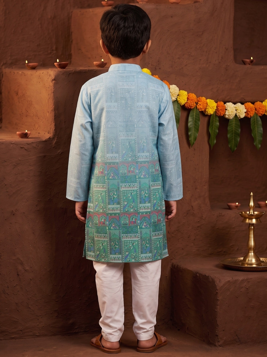 AJ Dezines Blue Ethnic Print Cotton Blend Kurta Pyjama Set For Boys
