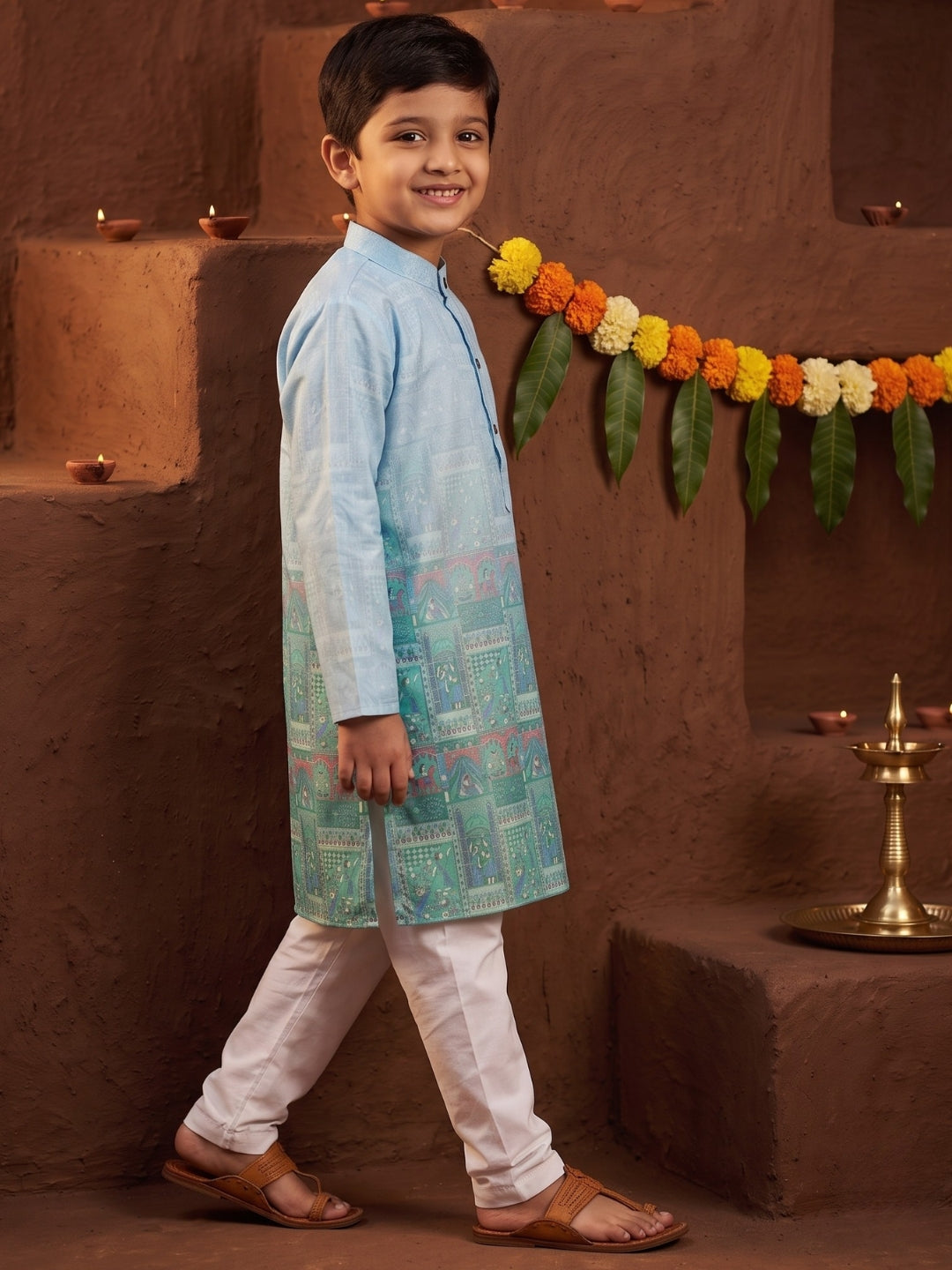 AJ Dezines Blue Ethnic Print Cotton Blend Kurta Pyjama Set For Boys
