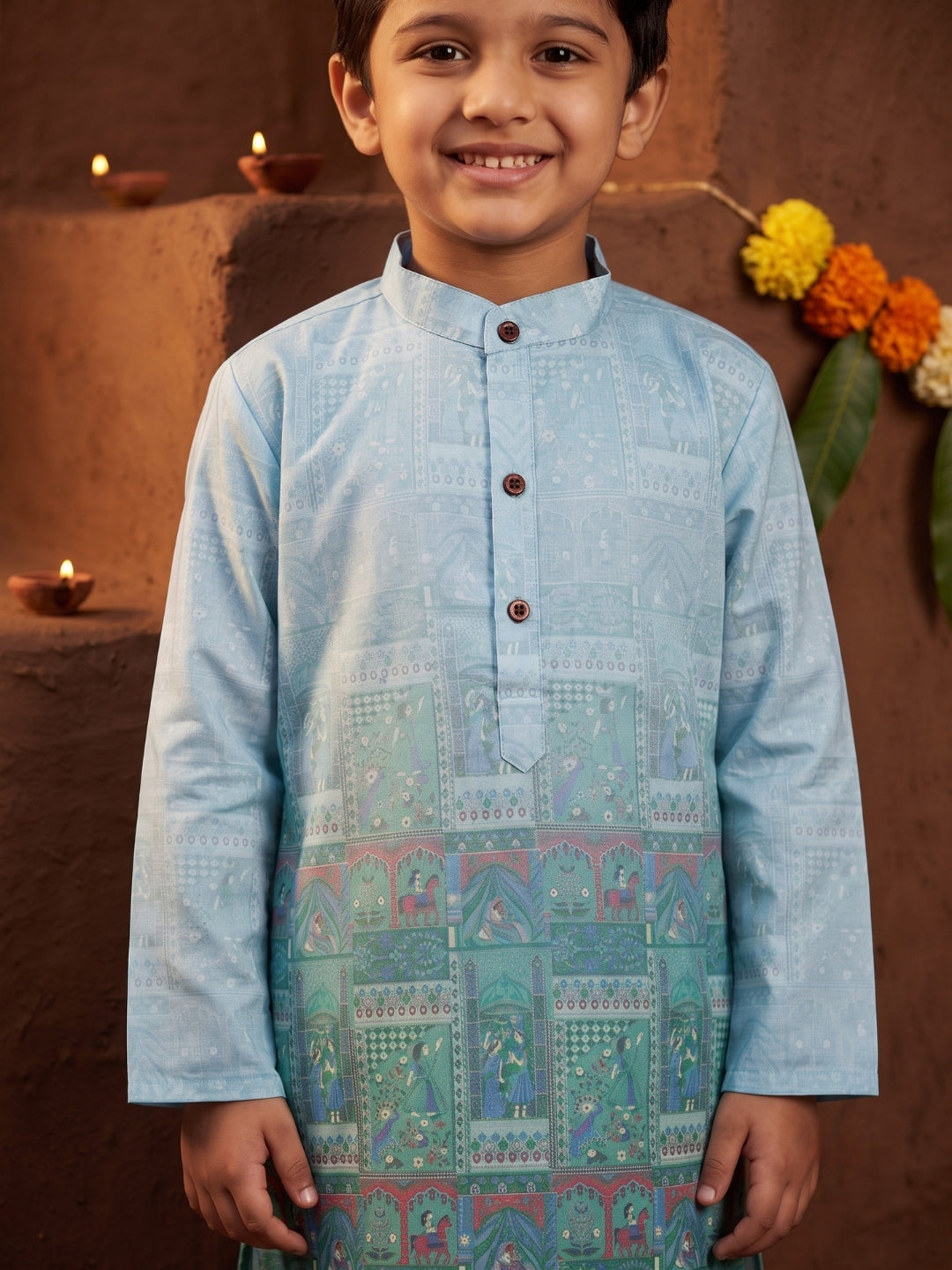 AJ Dezines Blue Ethnic Print Cotton Blend Kurta Pyjama Set For Boys