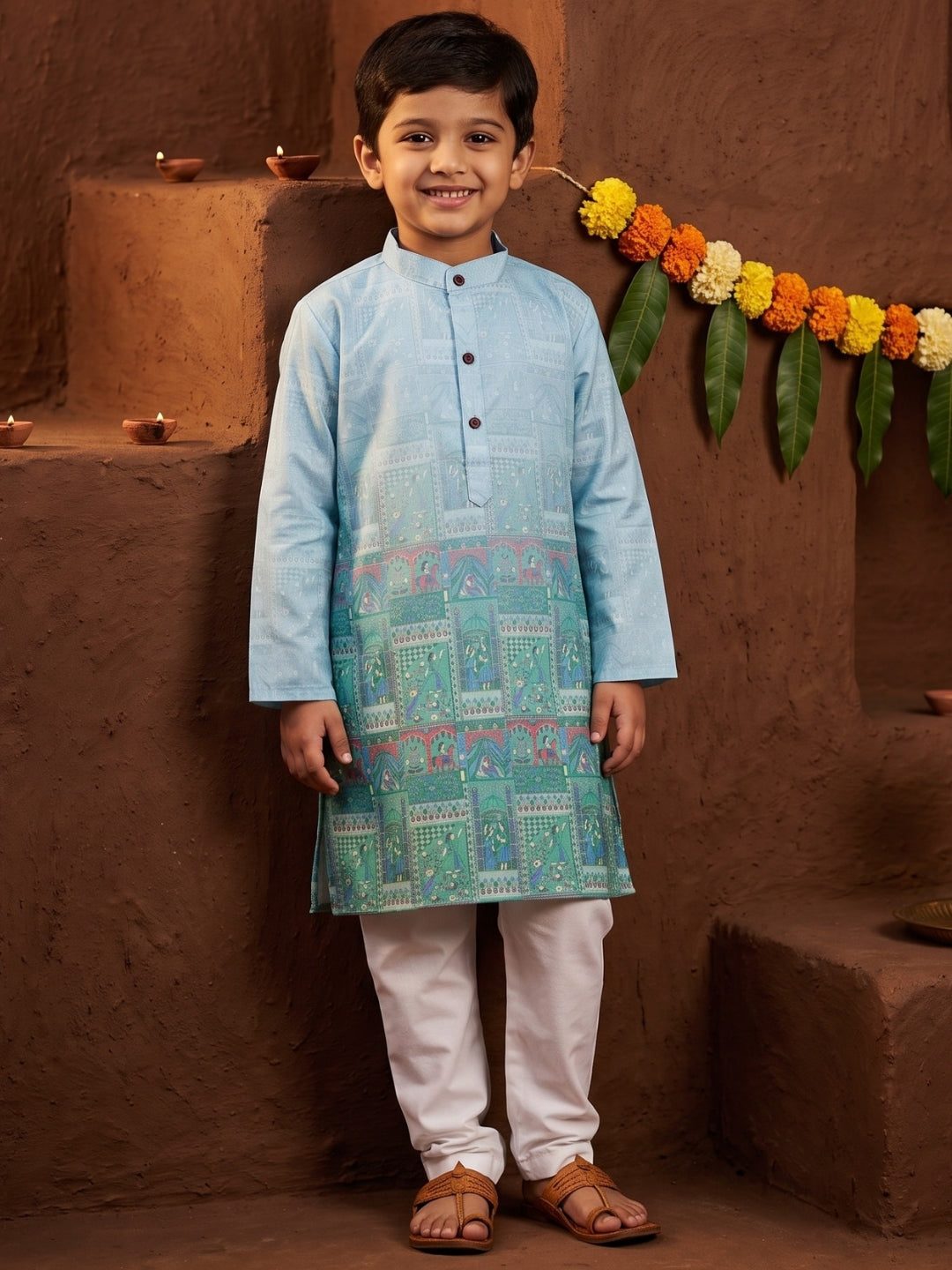 AJ Dezines Blue Ethnic Print Cotton Blend Kurta Pyjama Set For Boys