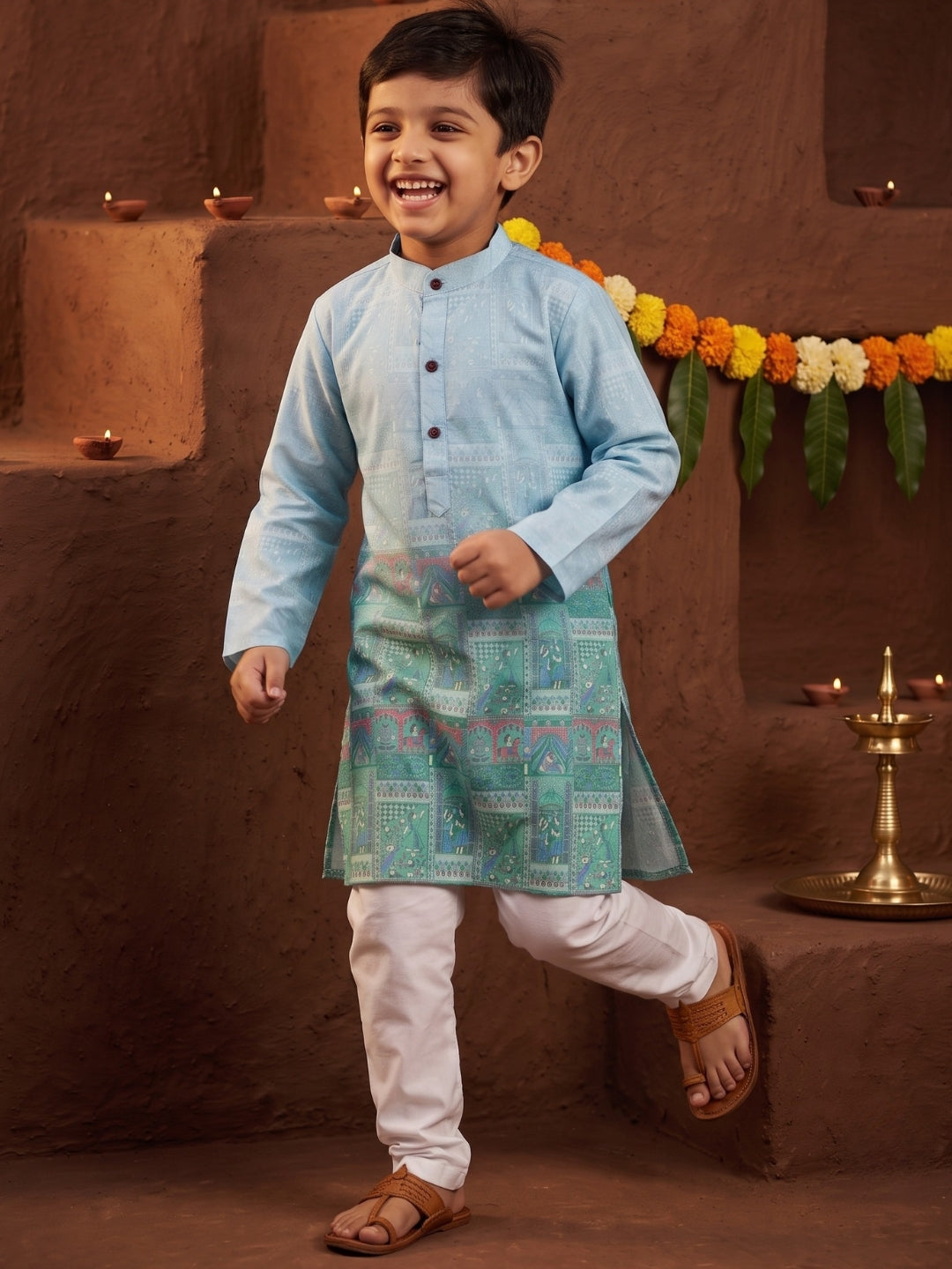 AJ Dezines Blue Ethnic Print Cotton Blend Kurta Pyjama Set For Boys