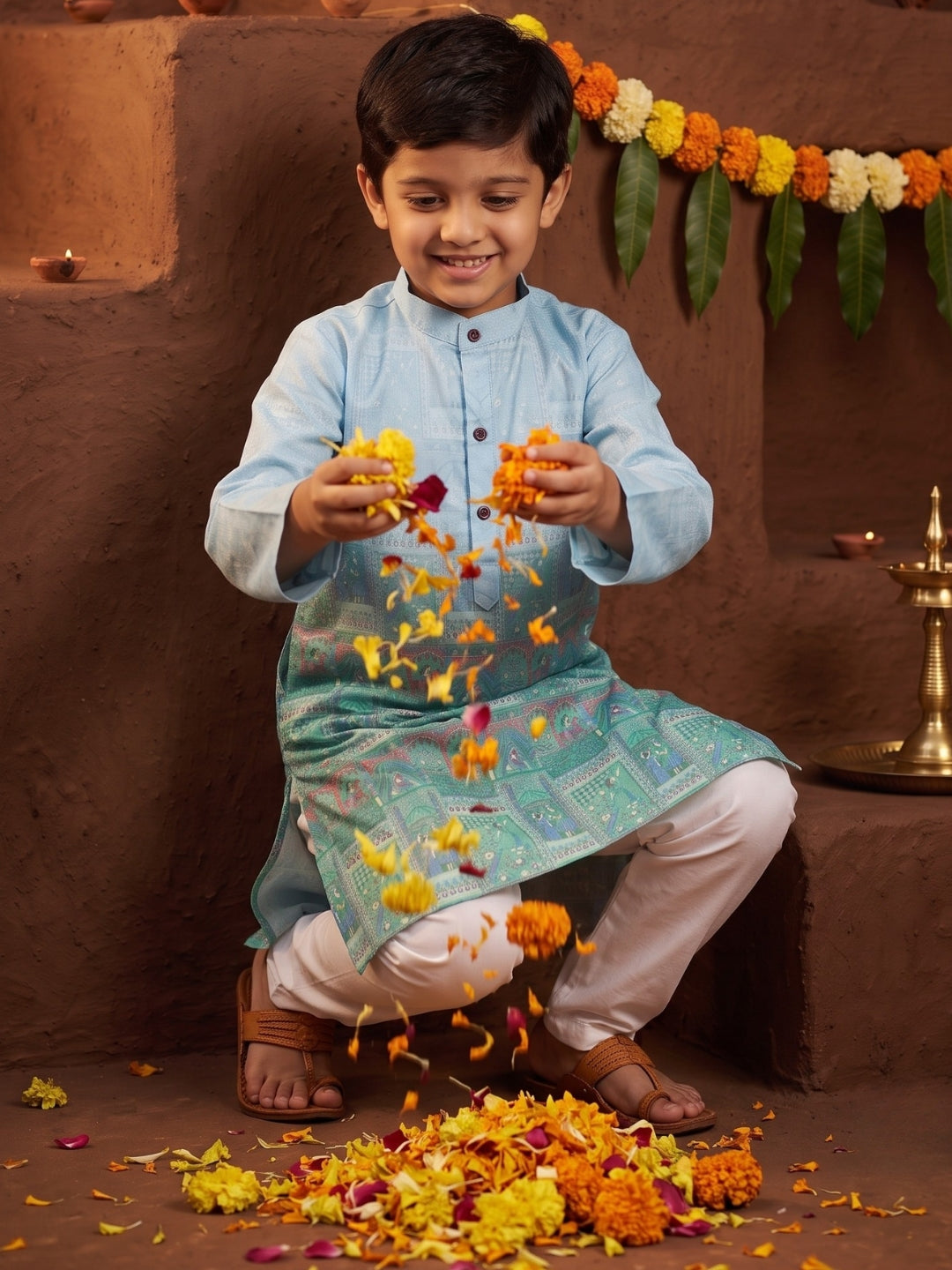 AJ Dezines Blue Ethnic Print Cotton Blend Kurta Pyjama Set For Boys