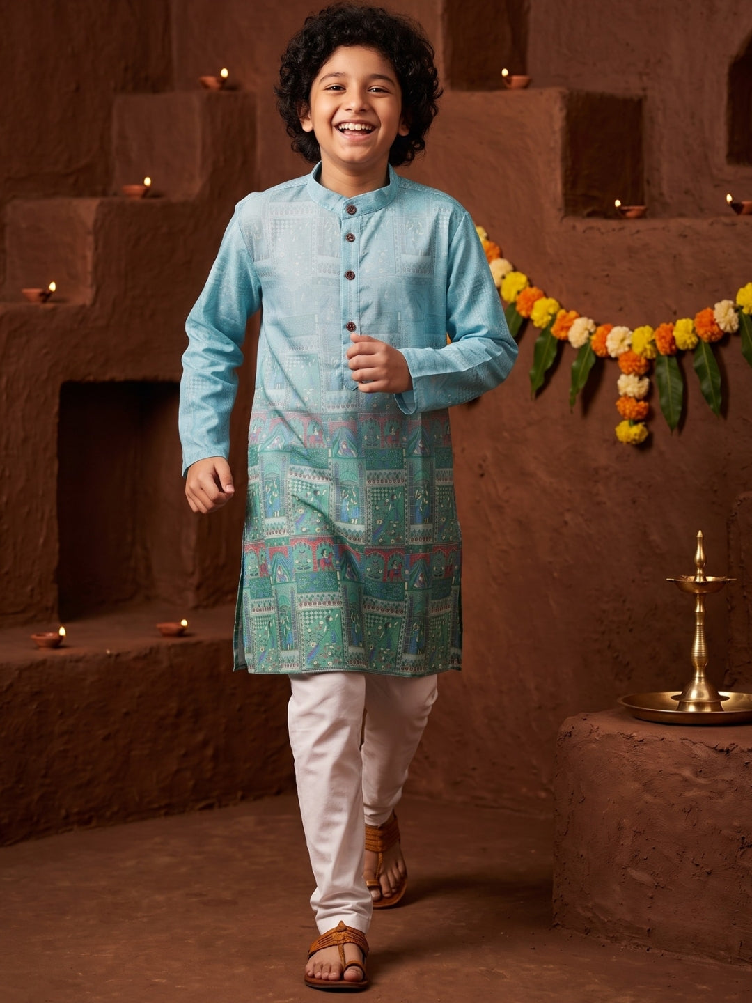 AJ Dezines Blue Ethnic Print Cotton Blend Kurta Pyjama Set For Boys