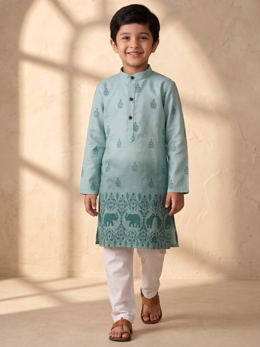 AJ Dezines Blue Elephant Printed Cotton Blend Kurta Pyjama Set For Boys