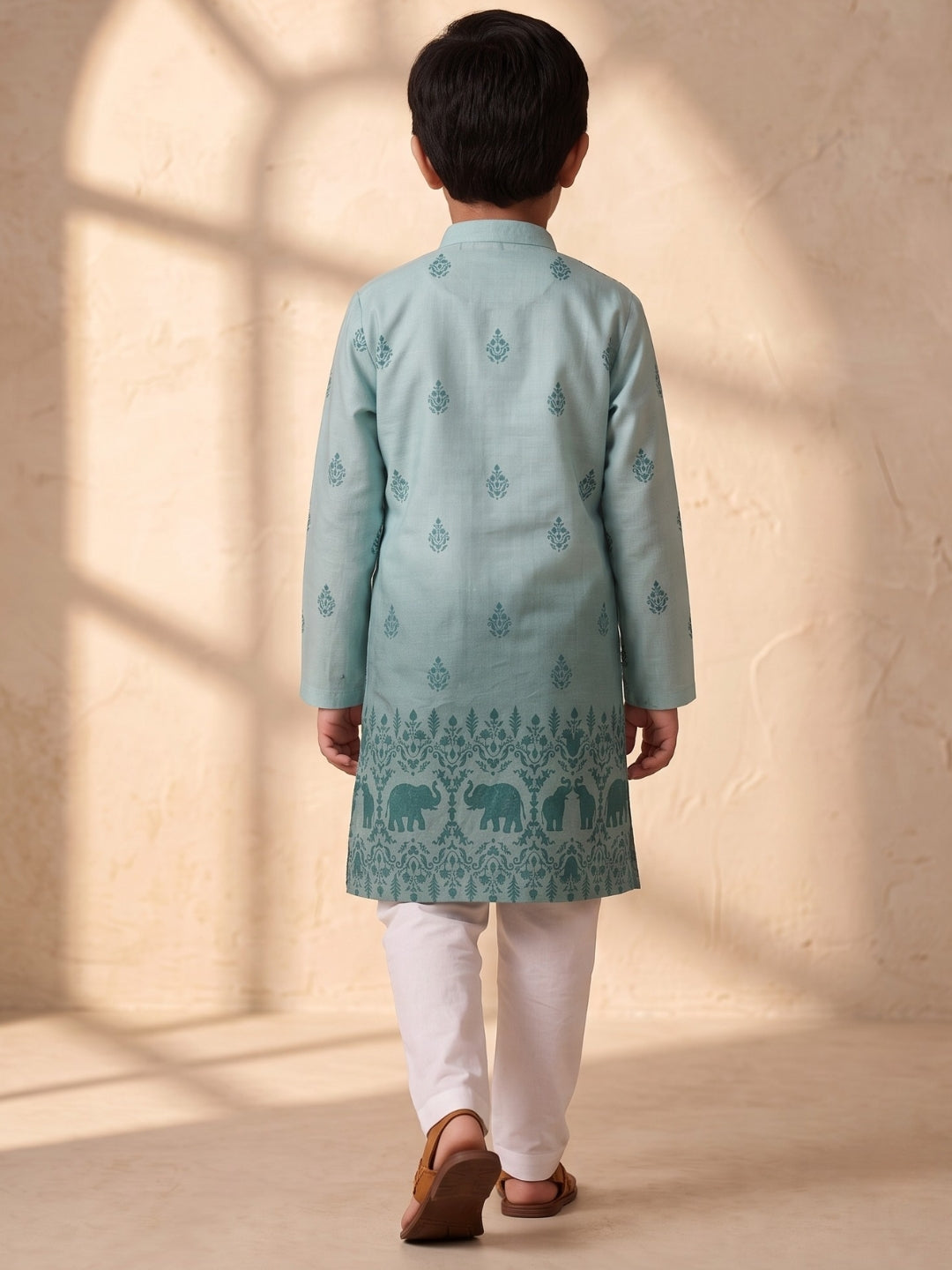 AJ Dezines Blue Elephant Printed Cotton Blend Kurta Pyjama Set For Boys